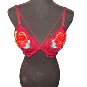 PINK Victoria's Secret Red Floral Embroidered Bralette Large